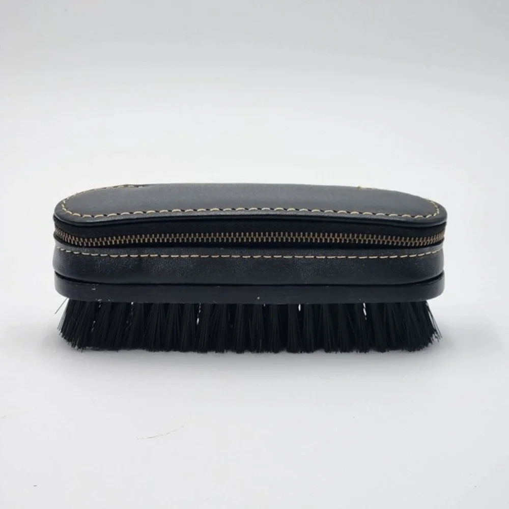 Vintage Swank Black Leather Shoeshine Brush Zip‎ Around Top Men Travel Groom Kit